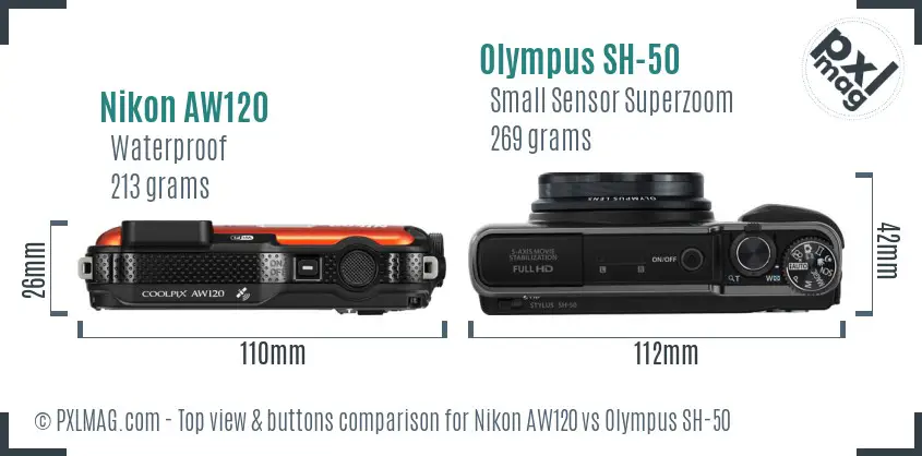 Nikon AW120 vs Olympus SH-50 top view buttons comparison