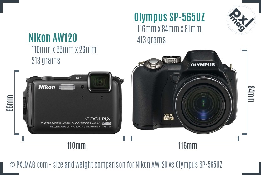 Nikon AW120 vs Olympus SP-565UZ size comparison