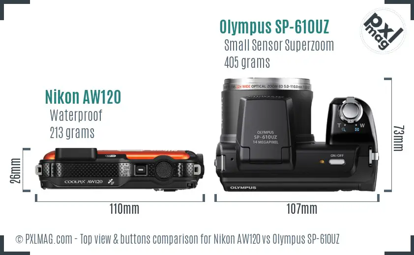 Nikon AW120 vs Olympus SP-610UZ top view buttons comparison Nikon AW120 vs Olympus SP-610UZ top view buttons comparison
