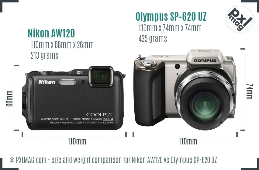 Nikon AW120 vs Olympus SP-620 UZ size comparison