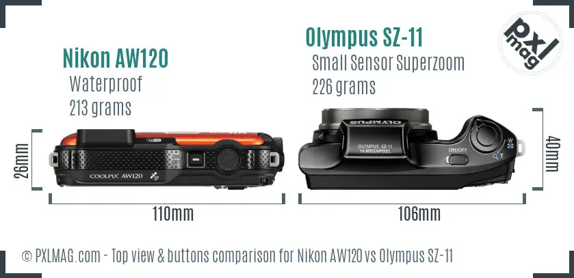 Nikon AW120 vs Olympus SZ-11 top view buttons comparison Nikon AW120 vs Olympus SZ-11 top view buttons comparison