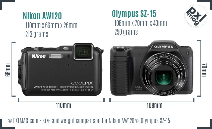 Nikon AW120 vs Olympus SZ-15 size comparison