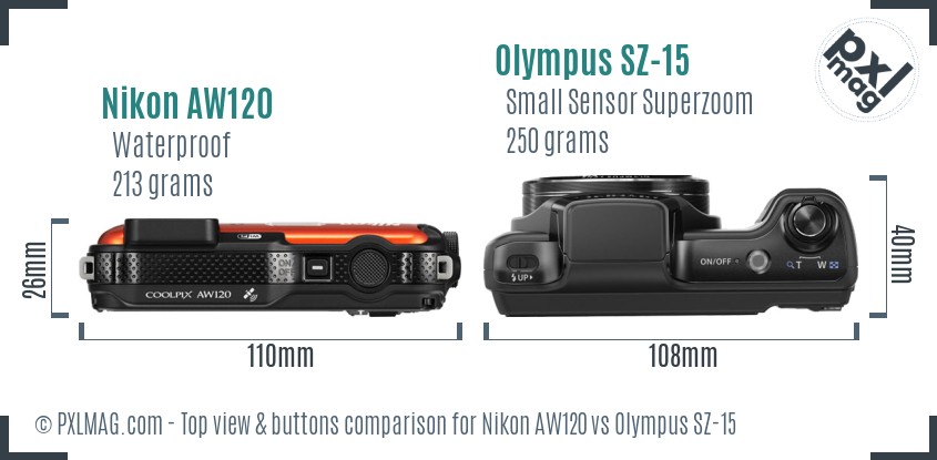 Nikon AW120 vs Olympus SZ-15 top view buttons comparison