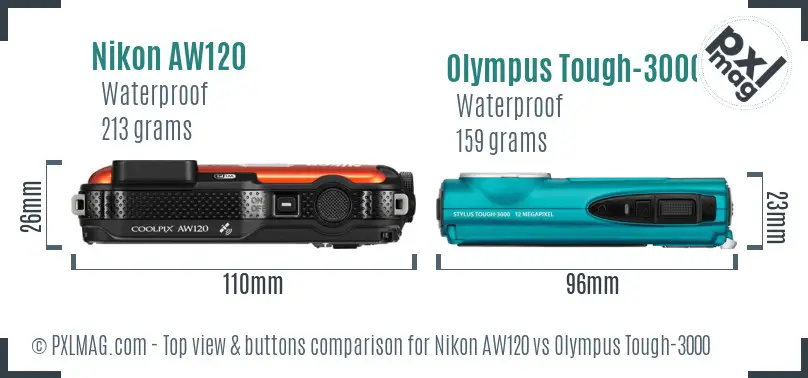 Nikon AW120 vs Olympus Tough-3000 top view buttons comparison