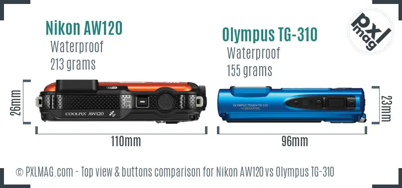 Nikon AW120 vs Olympus TG-310 top view buttons comparison