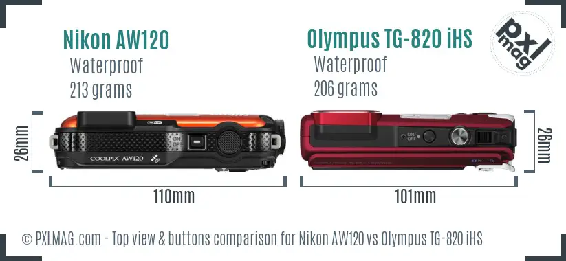 Nikon AW120 vs Olympus TG-820 iHS top view buttons comparison