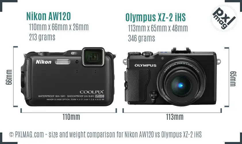 Nikon AW120 vs Olympus XZ-2 iHS size comparison