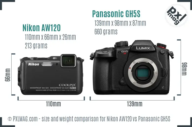 Nikon AW120 vs Panasonic GH5S size comparison