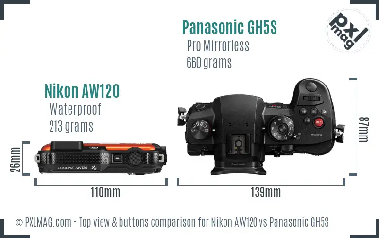 Nikon AW120 vs Panasonic GH5S top view buttons comparison