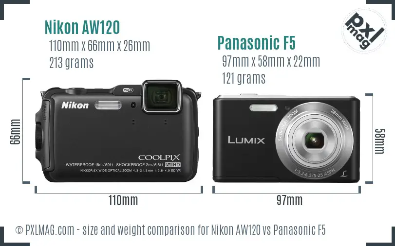 Nikon AW120 vs Panasonic F5 size comparison