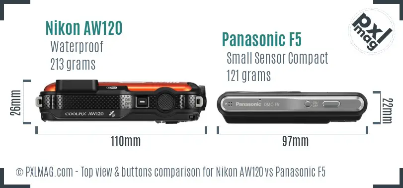 Nikon AW120 vs Panasonic F5 top view buttons comparison