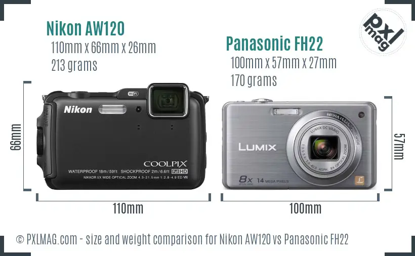 Nikon AW120 vs Panasonic FH22 size comparison