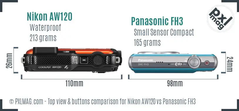 Nikon AW120 vs Panasonic FH3 top view buttons comparison Nikon AW120 vs Panasonic FH3 top view buttons comparison