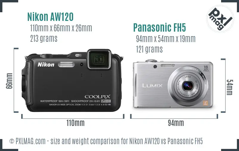 Nikon AW120 vs Panasonic FH5 size comparison