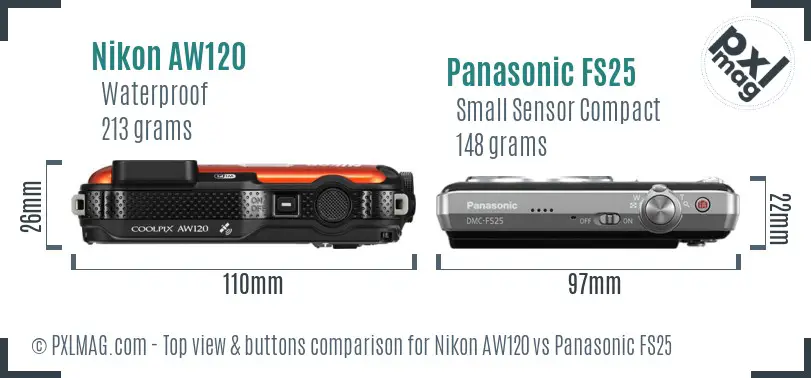 Nikon AW120 vs Panasonic FS25 top view buttons comparison Nikon AW120 vs Panasonic FS25 top view buttons comparison