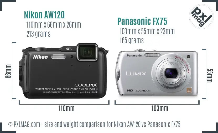 Nikon AW120 vs Panasonic FX75 size comparison