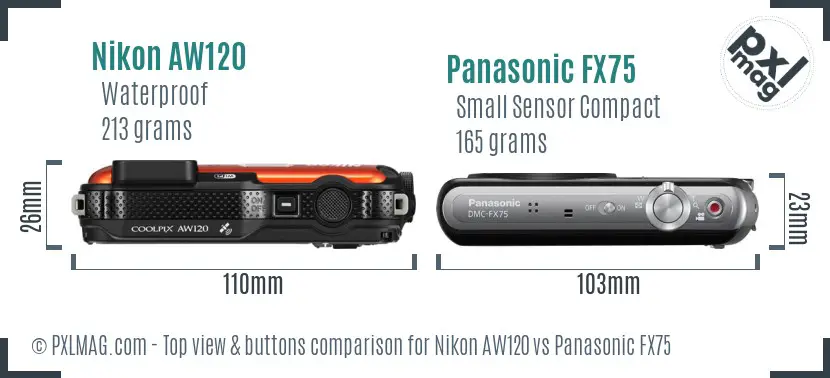 Nikon AW120 vs Panasonic FX75 top view buttons comparison