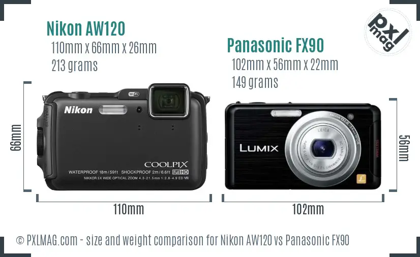 Nikon AW120 vs Panasonic FX90 size comparison