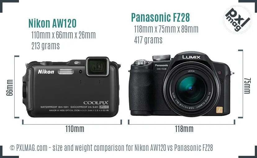 Nikon AW120 vs Panasonic FZ28 size comparison