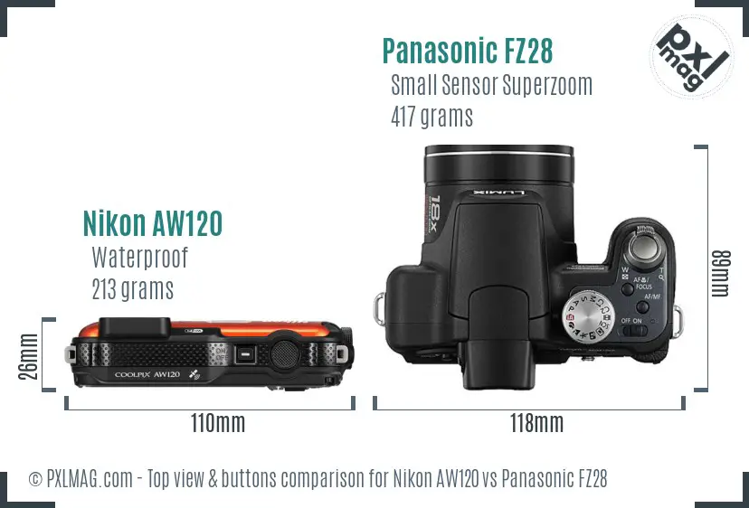 Nikon AW120 vs Panasonic FZ28 top view buttons comparison