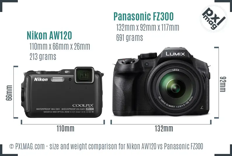 Nikon AW120 vs Panasonic FZ300 size comparison