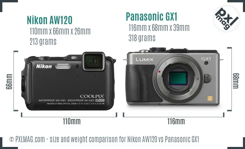 Nikon AW120 vs Panasonic GX1 size comparison