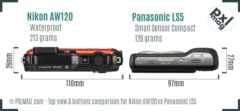 Nikon AW120 vs Panasonic LS5 top view buttons comparison Nikon AW120 vs Panasonic LS5 top view buttons comparison