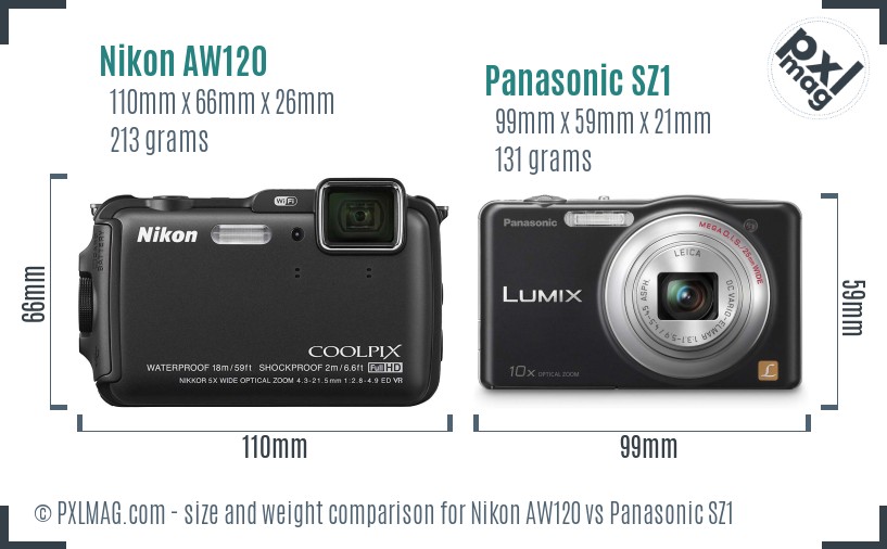Nikon AW120 vs Panasonic SZ1 size comparison Nikon AW120 vs Panasonic SZ1 size comparison