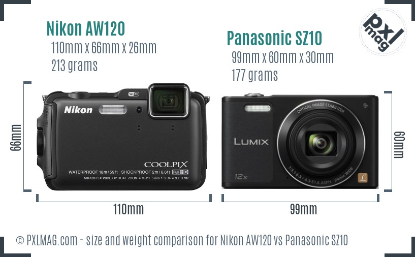 Nikon AW120 vs Panasonic SZ10 size comparison Nikon AW120 vs Panasonic SZ10 size comparison