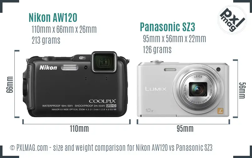 Nikon AW120 vs Panasonic SZ3 size comparison