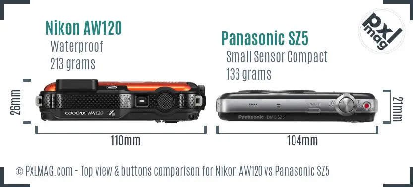 Nikon AW120 vs Panasonic SZ5 top view buttons comparison Nikon AW120 vs Panasonic SZ5 top view buttons comparison