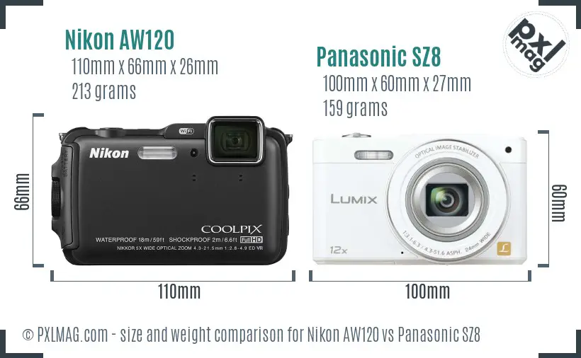 Nikon AW120 vs Panasonic SZ8 size comparison