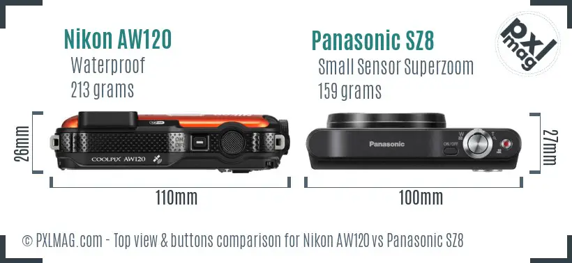 Nikon AW120 vs Panasonic SZ8 top view buttons comparison