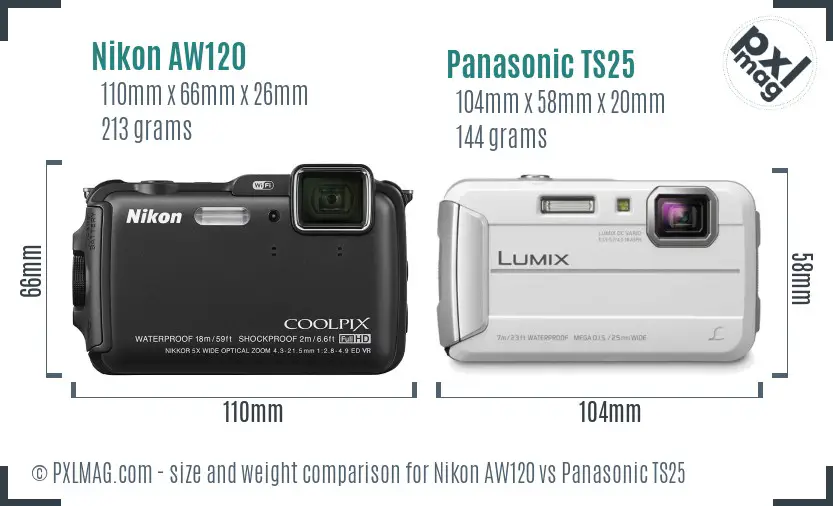 Nikon AW120 vs Panasonic TS25 size comparison