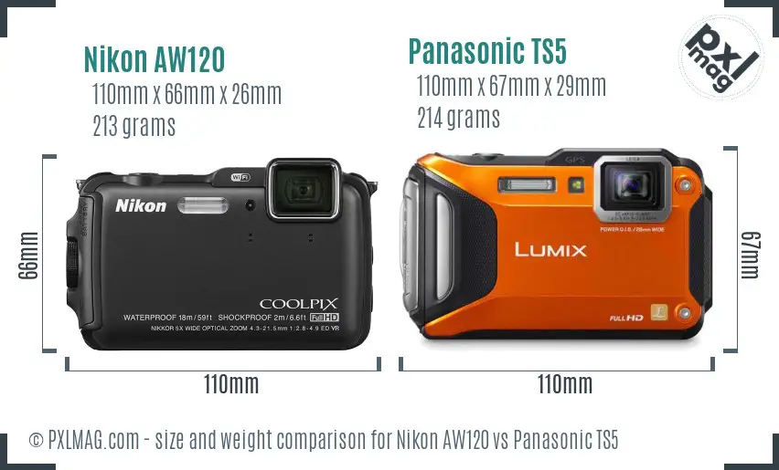 Nikon AW120 vs Panasonic TS5 size comparison