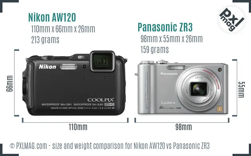 Nikon AW120 vs Panasonic ZR3 size comparison