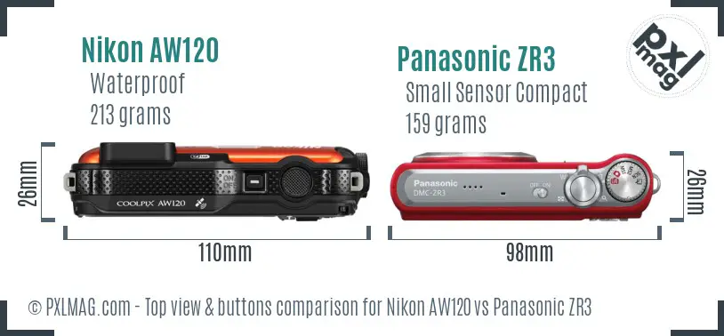 Nikon AW120 vs Panasonic ZR3 top view buttons comparison