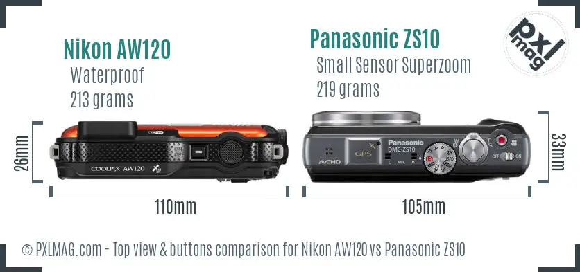 Nikon AW120 vs Panasonic ZS10 top view buttons comparison Nikon AW120 vs Panasonic ZS10 top view buttons comparison