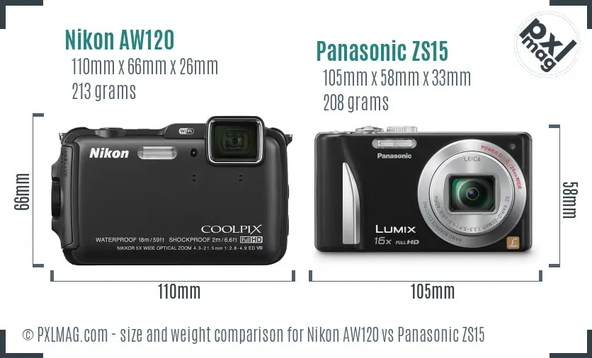Nikon AW120 vs Panasonic ZS15 size comparison Nikon AW120 vs Panasonic ZS15 size comparison