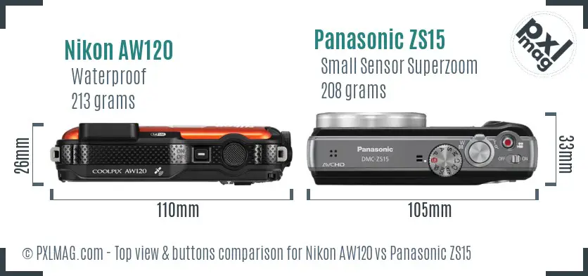 Nikon AW120 vs Panasonic ZS15 top view buttons comparison Nikon AW120 vs Panasonic ZS15 top view buttons comparison