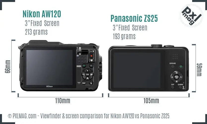 Nikon AW120 vs Panasonic ZS25 Screen and Viewfinder comparison