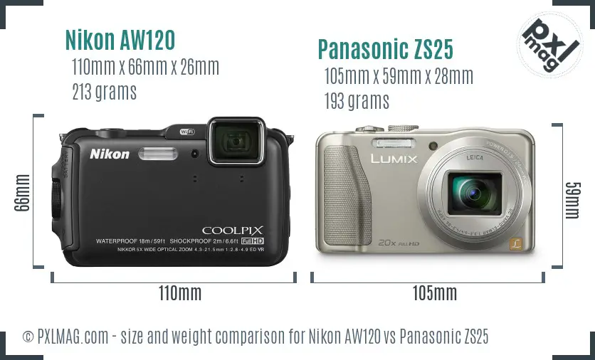 Nikon AW120 vs Panasonic ZS25 size comparison