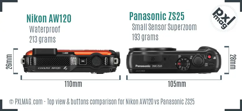 Nikon AW120 vs Panasonic ZS25 top view buttons comparison
