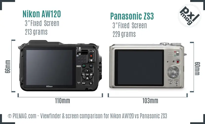 Nikon AW120 vs Panasonic ZS3 Screen and Viewfinder comparison
