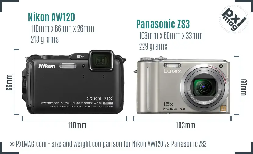 Nikon AW120 vs Panasonic ZS3 size comparison