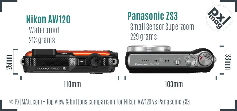 Nikon AW120 vs Panasonic ZS3 top view buttons comparison