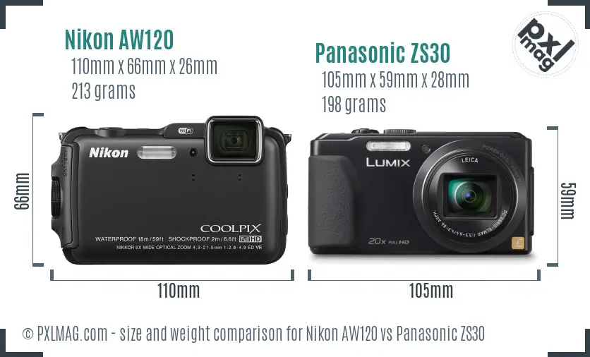 Nikon AW120 vs Panasonic ZS30 size comparison