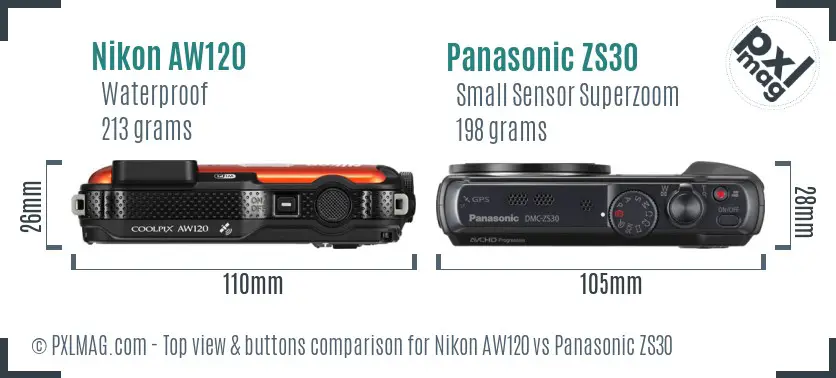 Nikon AW120 vs Panasonic ZS30 top view buttons comparison