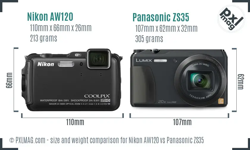Nikon AW120 vs Panasonic ZS35 size comparison