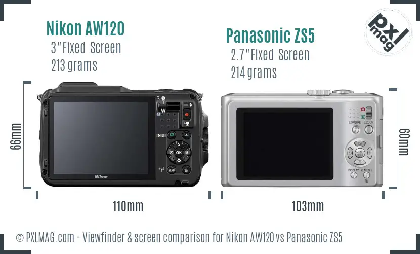 Nikon AW120 vs Panasonic ZS5 Screen and Viewfinder comparison